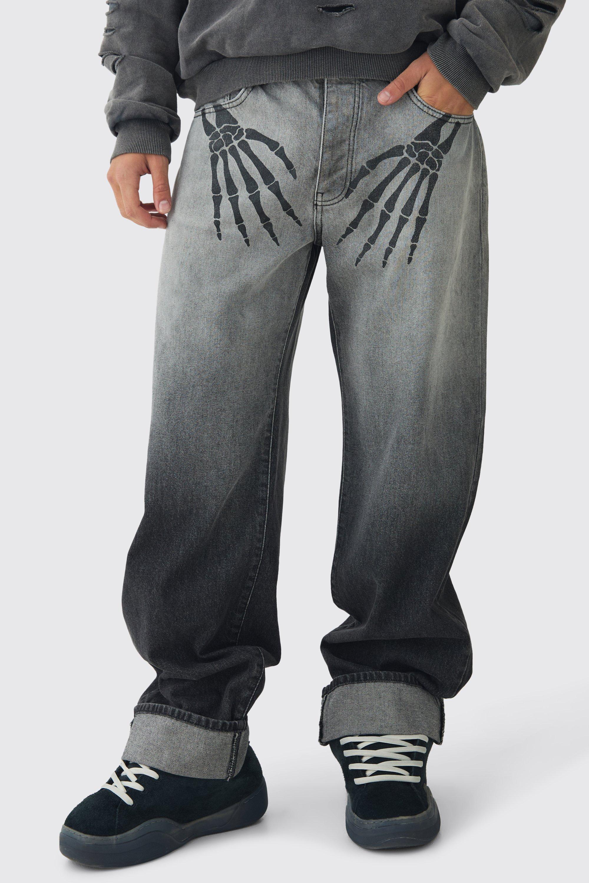 Mens Black Relaxed Rigid Skeleton Hand Washed Jeans, Black